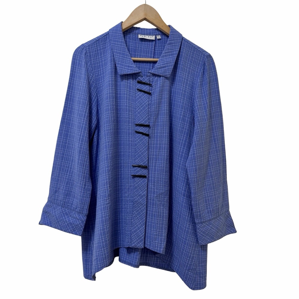 Habitat Womens Crinkle Windowpane Button Up Tunic Top Size S Blue Lagenlook Art